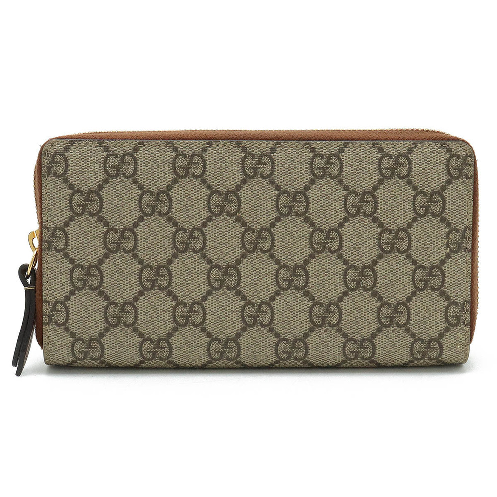 GUCCI GG Supreme Round Zip Long Wallet Leather Khaki Brown Green Beige Brown